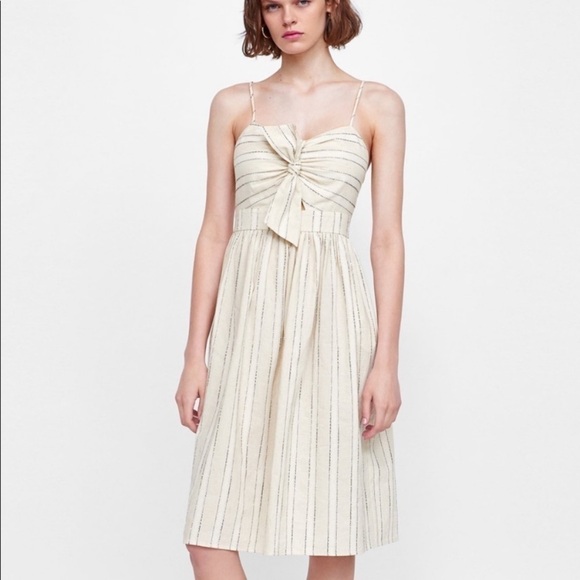 ZARA Tan Navy Striped Knotted Summer Dress Size Small - Picture 1 of 15